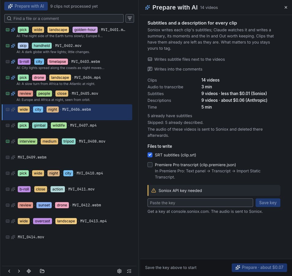 Kartica Prepare with AI pored liste fajlova: 14 videa, 3 minuta zvuka, titlovi ispod $0.01, opisi oko $0.06, 5 minuta